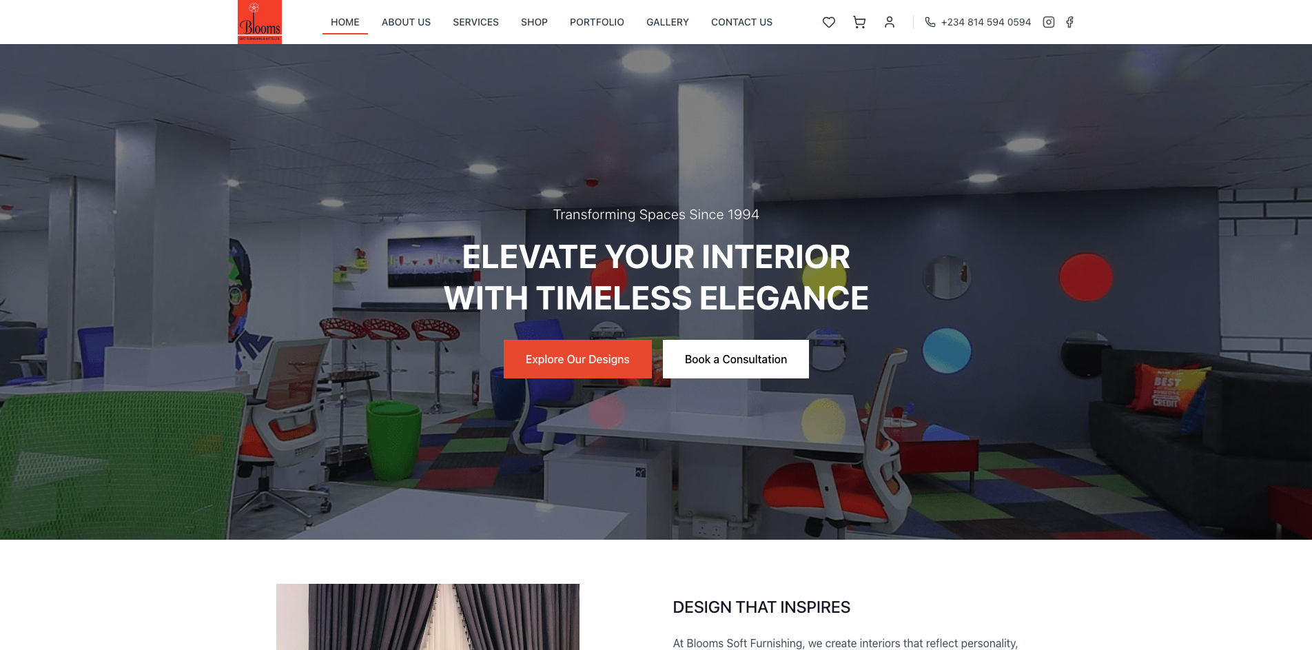 Blooms Soft Furnishing website mockup