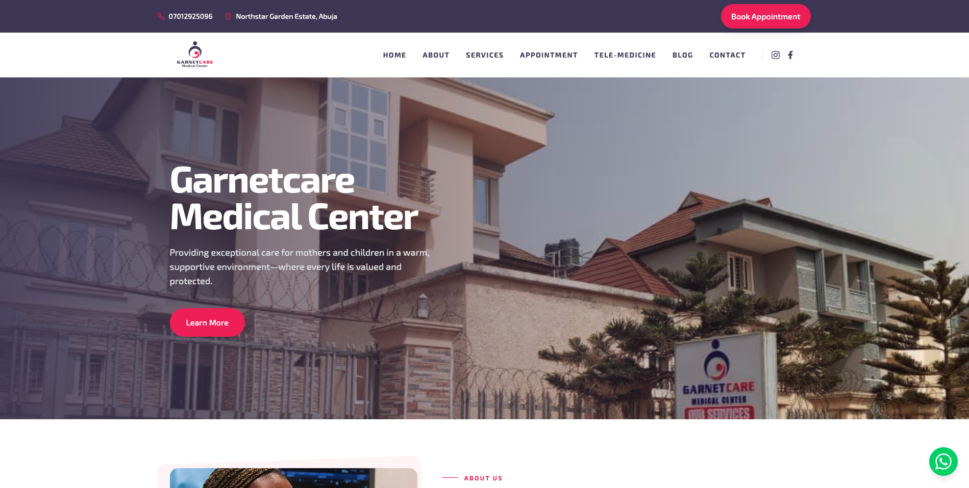 Garnetcare Medical Center website mockup